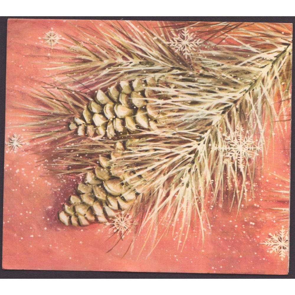 Vintage 1965 Hallmark Christmas Card Pine Cone Snowflake Art Used